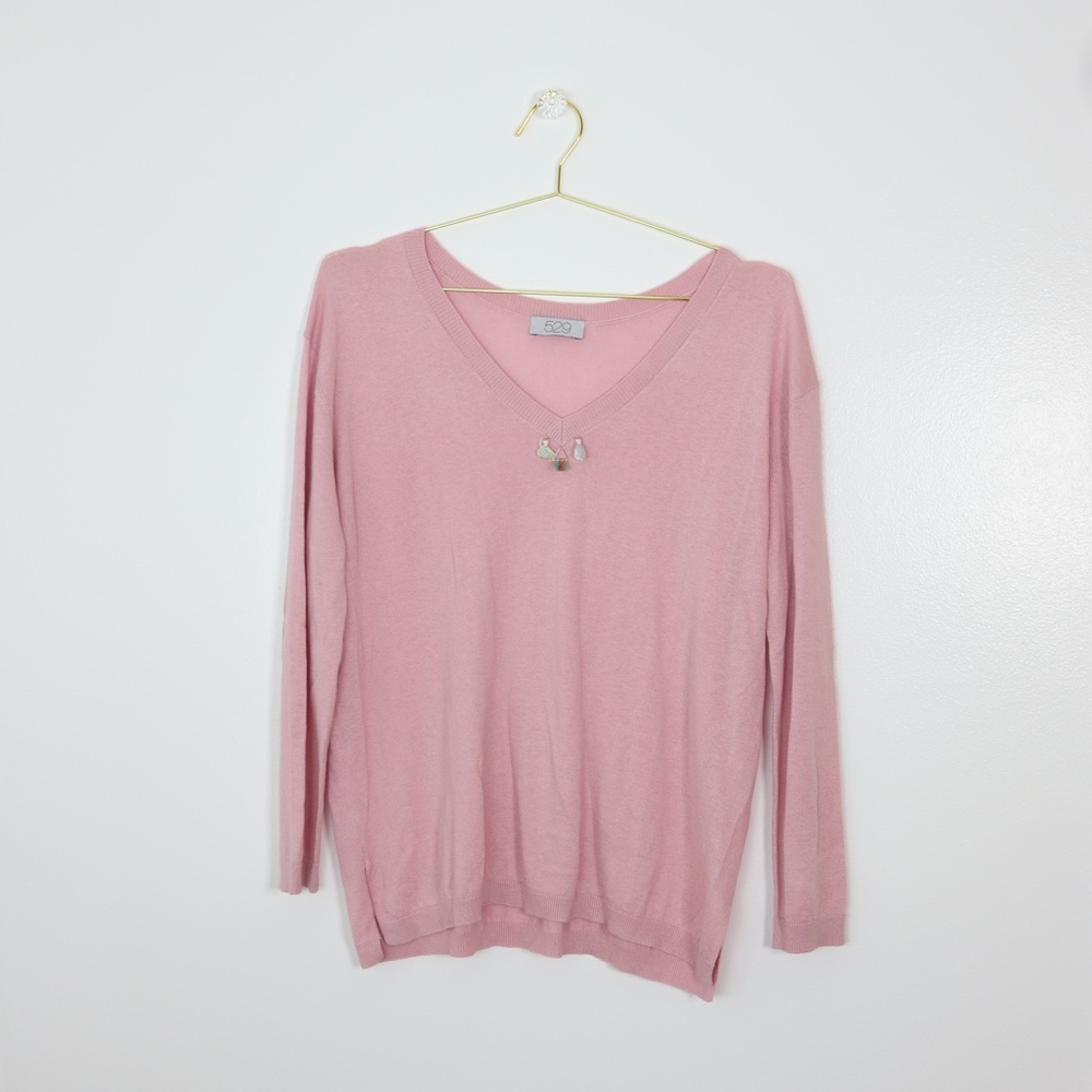 Women's Pink Cashmere V-Neck Sweater w Tassels X-Small
